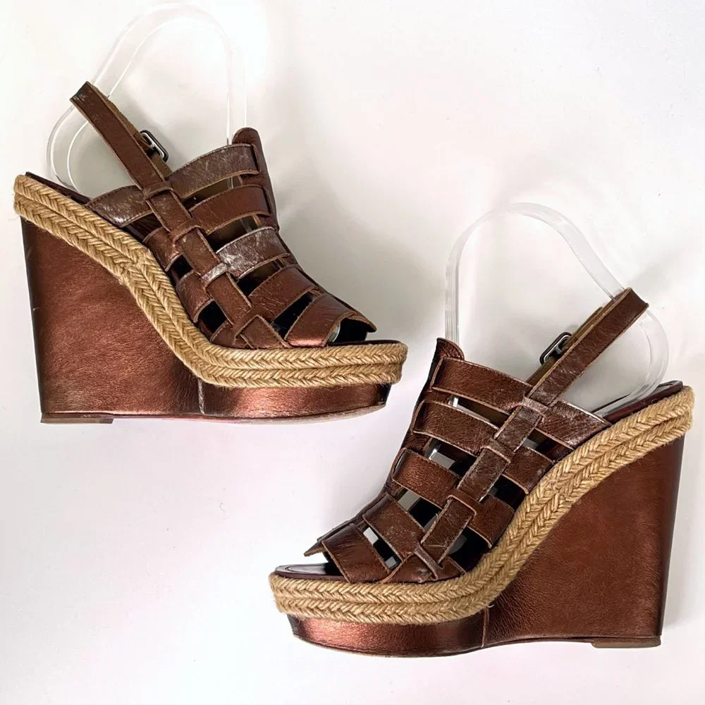 Christian Louboutin Bronze Barcelona Leather Espadrille Wedge Sandals Size EU 39